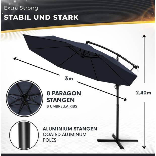 Tillvex Parasol Ø 3m donkerblauw -zweefparasol -hangparasol- vrijhangende parasol- tuinparasol- slinger-balkon- alumi...