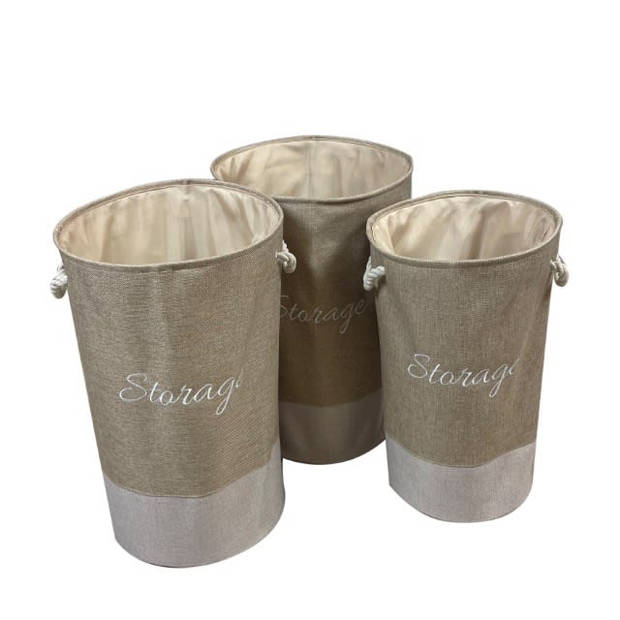 DKNC - Wasmand Bailey - Linnen - 38x38x58cm - Set van 3 - Beige