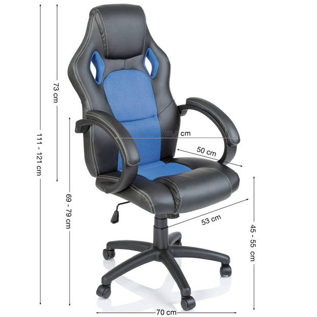 Racing bureaustoel Zwart/lichtblauw , gevoerde armleuningen, kantelmechanisme, gasveer SGS getest