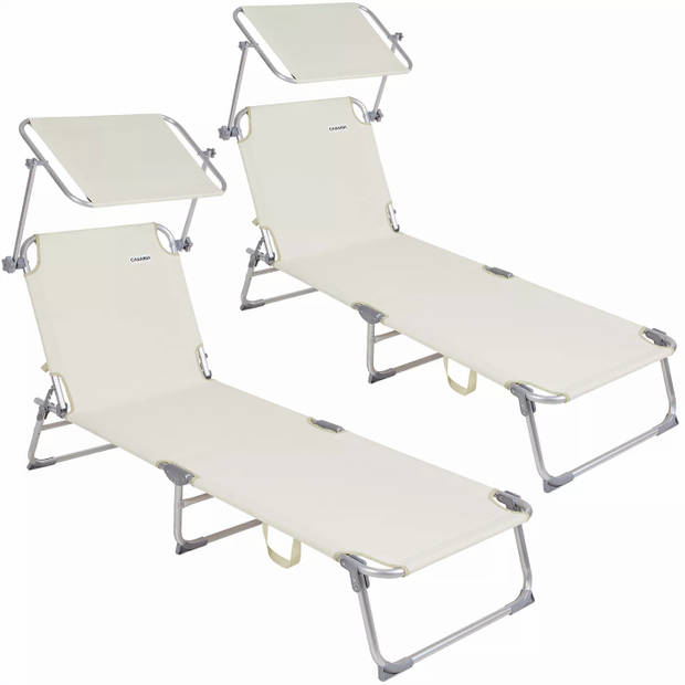 Casaria - 2 ligbedden met zonnedak - strandstoelen - inklapbaar - Ibiza - creme