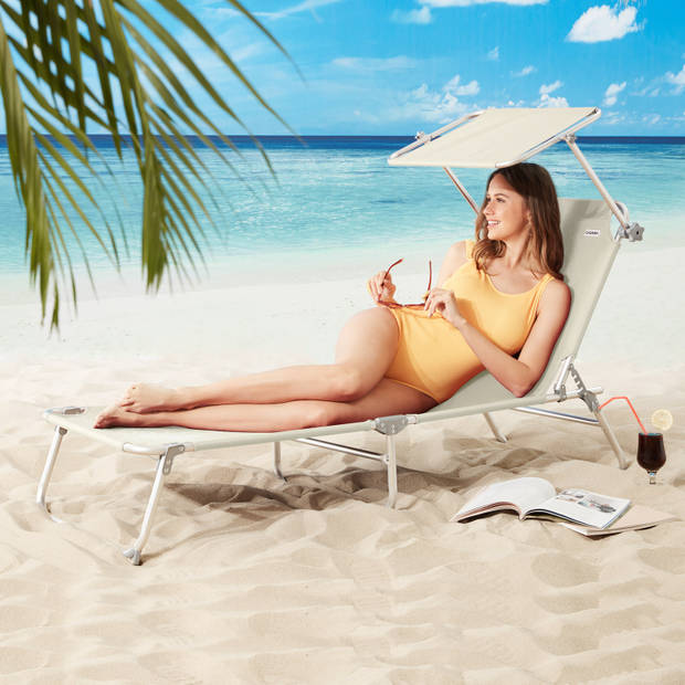 Casaria - 2 ligbedden met zonnedak - strandstoelen - inklapbaar - Ibiza - creme