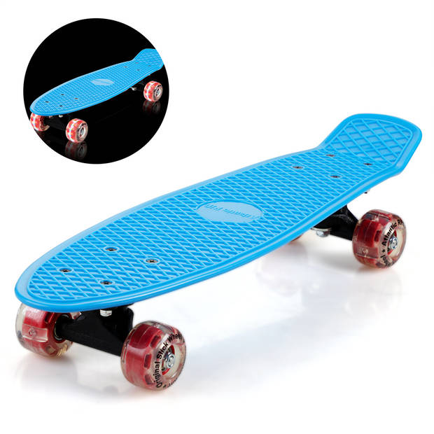 Spielwerk- Skateboard, penny board, blauw/rood, retro, LED, met PU-dempers