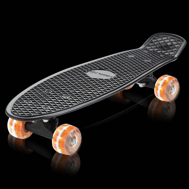 Skateboard, penny board, met LED lampjes in wielen, zwart-oranje, retro, met PU-dempers