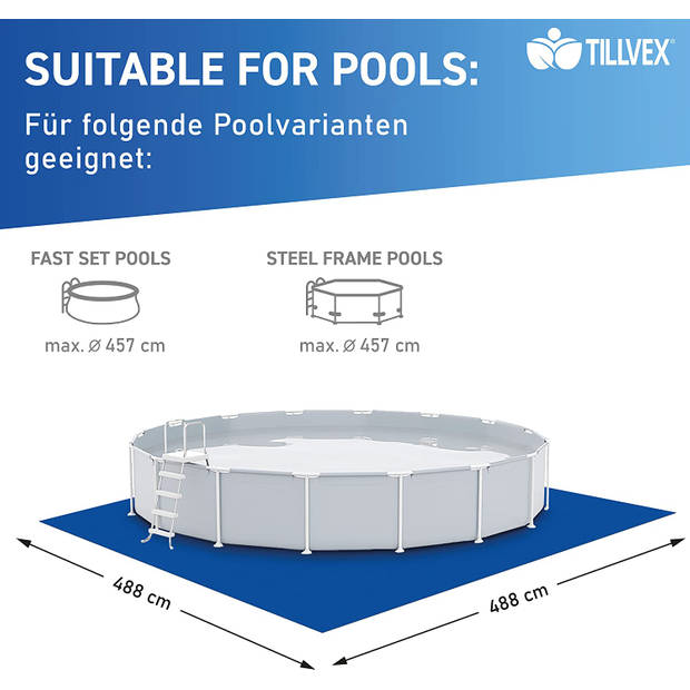 Tillvex Grondzeil voor zwembad, 488 x 488 cm, vierkant voor zwembaden tot 457cm diameter, uv-stabiel en scheurvast