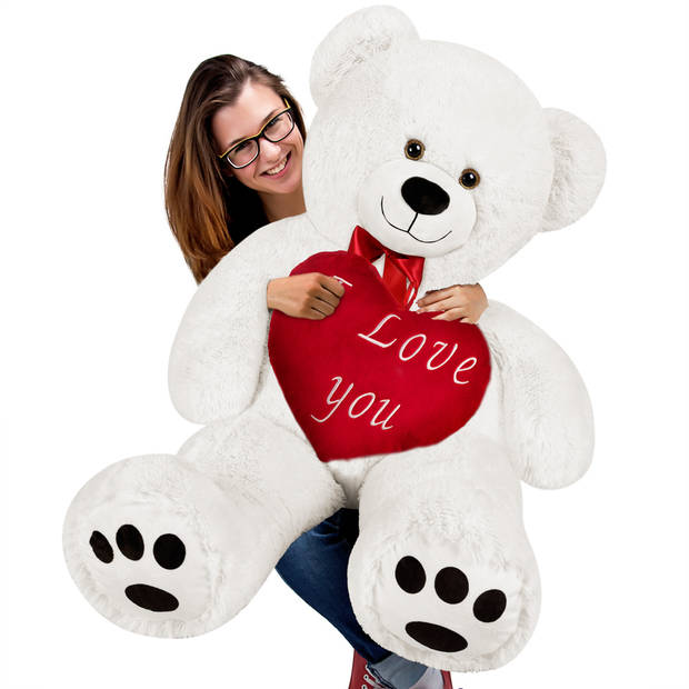 Knuffel-teddybeer XXL wit incl. hartkussen- 148cm-Valentijn-Valentijnscadeau-beer