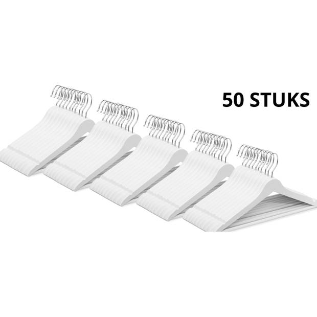 Wicotex - Kledinghanger hout - Kleerhangers, 50 stuks, met rok inkepingen en broekspijpen, draaibare haak, Wit