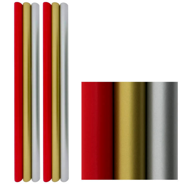 Kerstpapier Cadeaupapier voor Kerst - 80 grams Gecoat Papier - Rood Zilver Goud - 3 meter x 70 cm- 6 Rollen