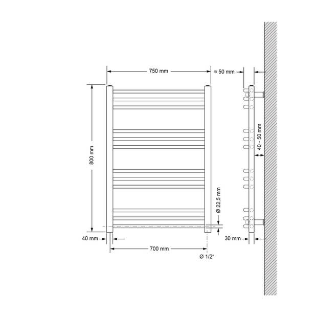 Elektrische badkamerradiator met verwarmingselement 600W 750x800 mm antraciet gebogen met zijaansluiting LuxeBath