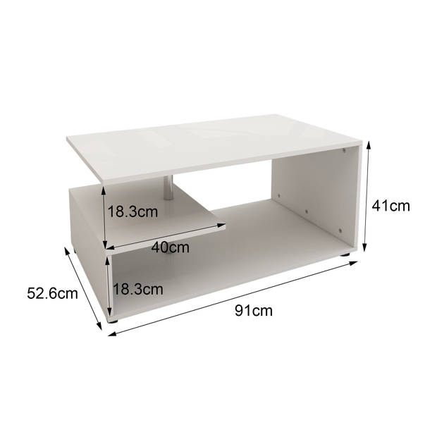 Salontafel 91x41x52,6 cm Wit met metalen decoratieve bar en planken op 3 niveaus ML-Design