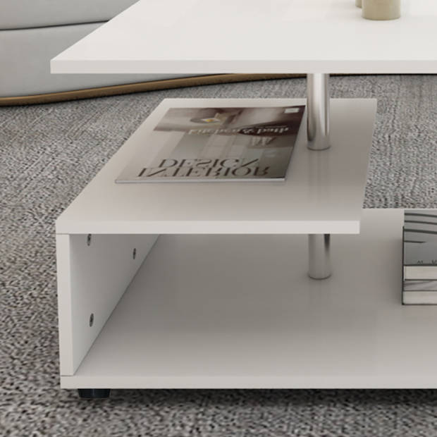 Salontafel 91x41x52,6 cm Wit met metalen decoratieve bar en planken op 3 niveaus ML-Design