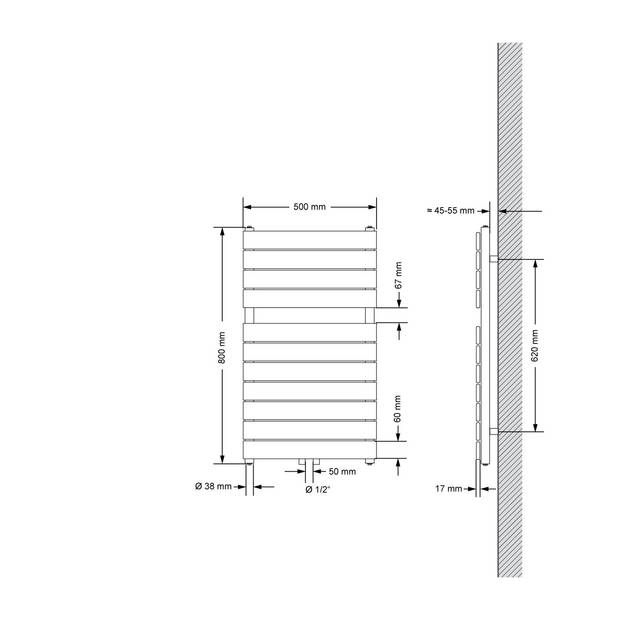 Badkamerradiator Steam 500x800 mm Wit met middenaansluiting