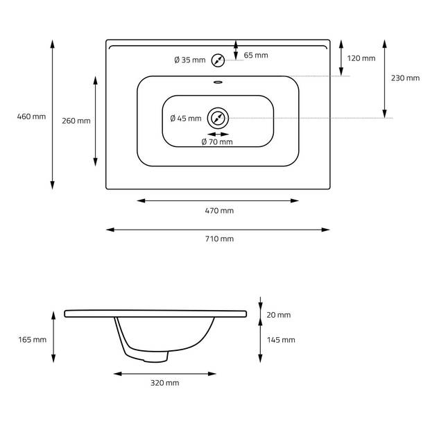 Wastafel 71x16,5x46 cm wit keramiek ML-Design