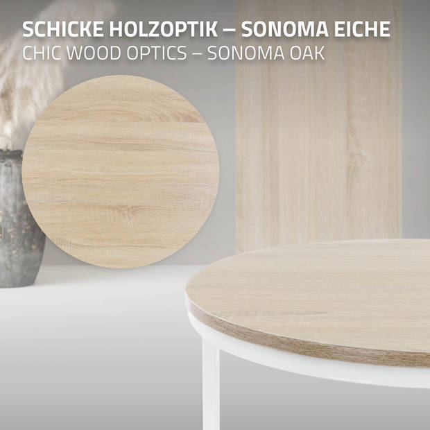 Salontafel set van 2 ronde vormen Sonoma eik/wit gemaakt van MDF en metaal ML-Design