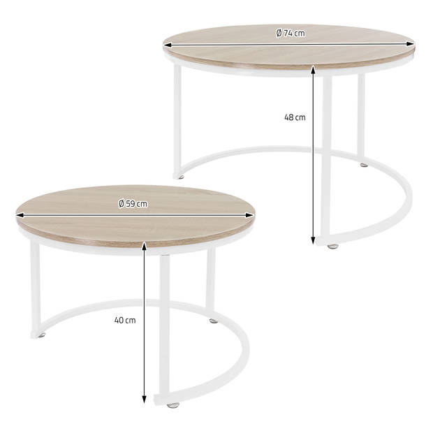 Salontafel set van 2 ronde vormen Sonoma eik/wit gemaakt van MDF en metaal ML-Design