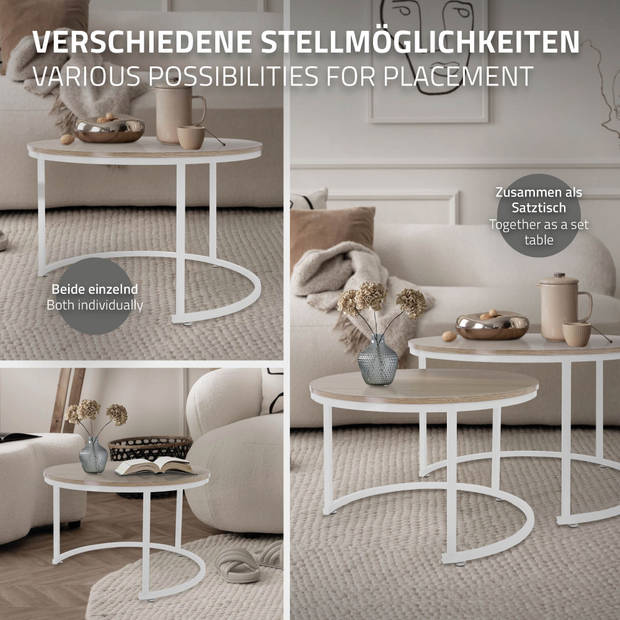 Salontafel set van 2 ronde vormen Sonoma eik/wit gemaakt van MDF en metaal ML-Design