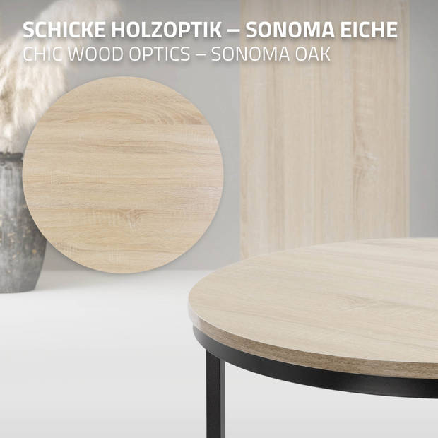 Salontafel set van 2 ronde vormen Sonoma eik/zwart gemaakt van MDF en metaal ML-Design