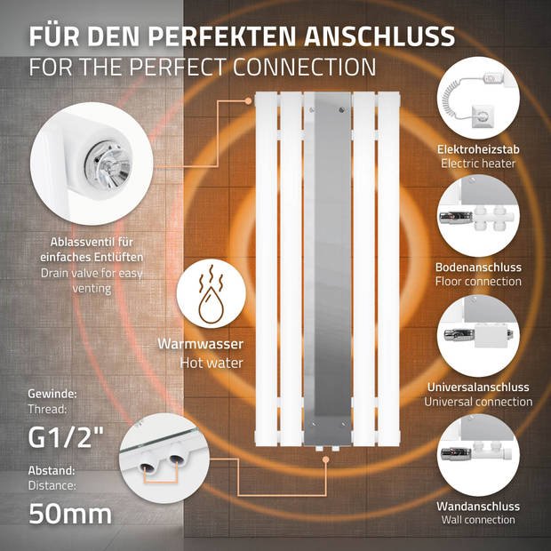 Platte badkamerradiator met spiegel en verwarmingsstaaf 1200W 1200x450 mm Wit ML-Design