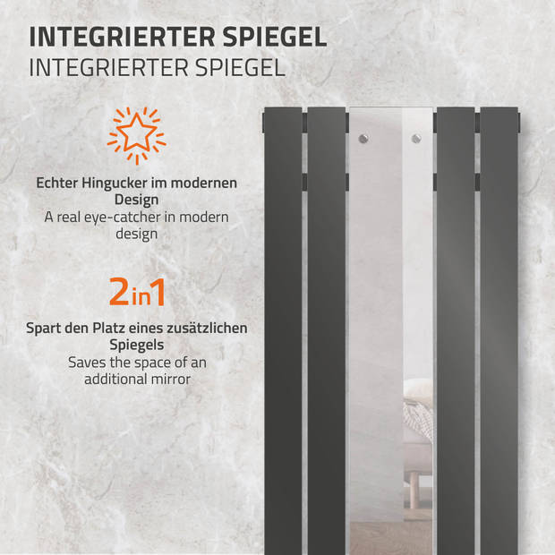 Badkamer radiator plat met spiegel en vloeraansluitset 45x120 cm antraciet ML design