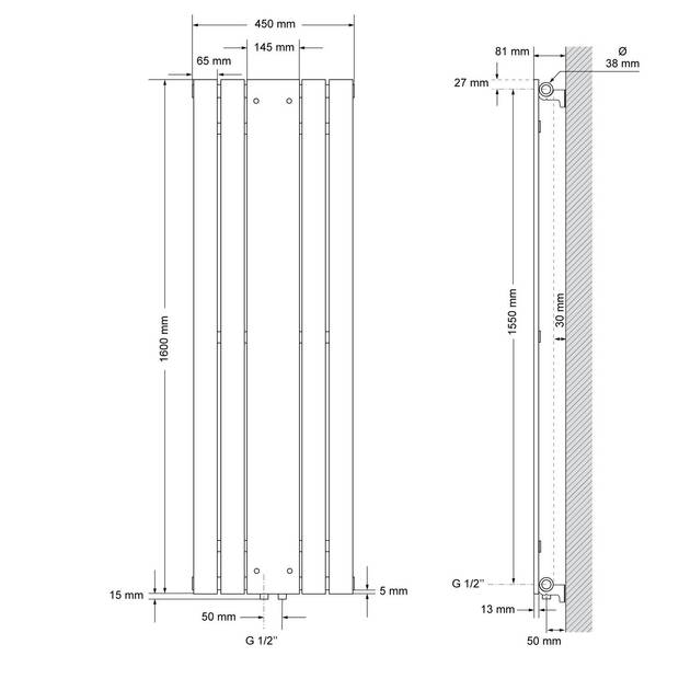 Badkamer radiator plat met spiegel 1600x450 mm Wit ML-Design