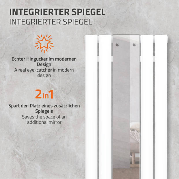 Badkamer radiator Plat met spiegel en vloeraansluitset 45x120 cm Wit ML-Design