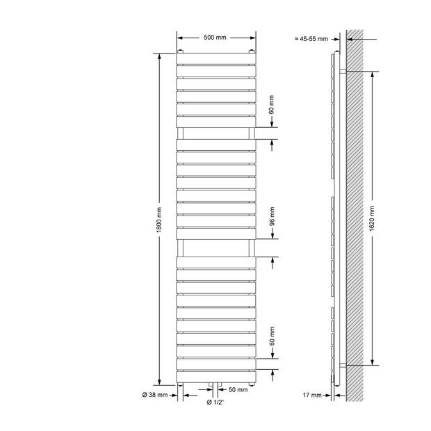 Badkamer radiator middenaansluiting 500x1800 mm wit met muuraansluitset LuxeBath