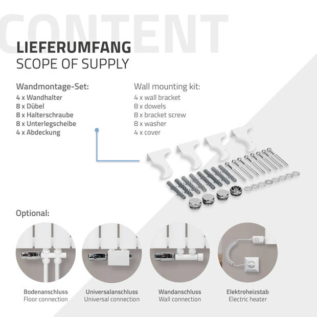 Paneelradiator enkellaags 600x300 mm Wit met voet Aansluitset ML-Design