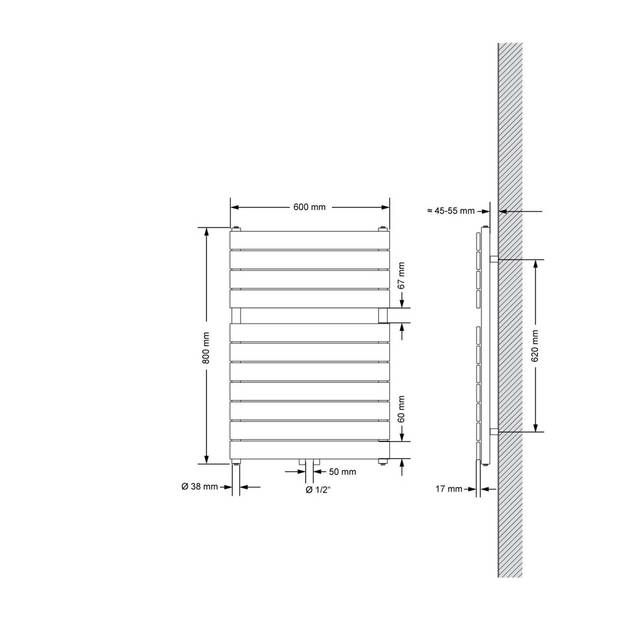 Badkamerradiator middenaansluiting 600x800 mm antraciet met muuraansluitset LuxeBath