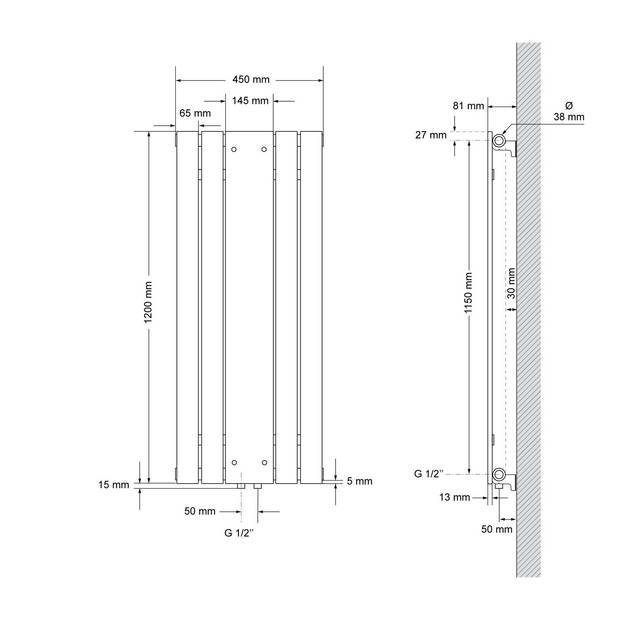 Platte badkamerradiator met spiegel en onderaansluiting set 1200x450 mm Wit ML-Design