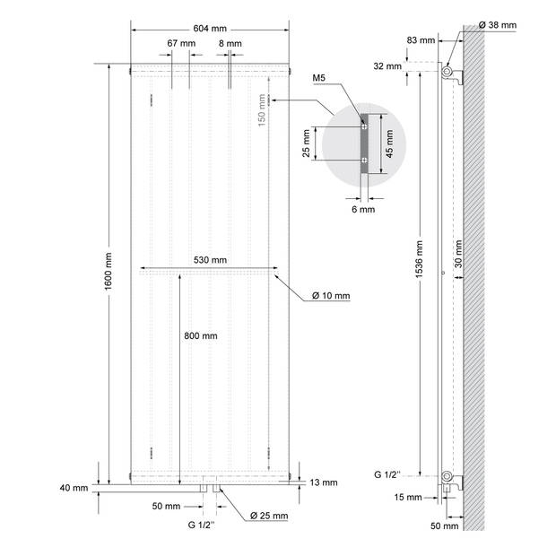 Badkamerradiator 1600x604 mm Wit met voet Aansluitset ML-Design