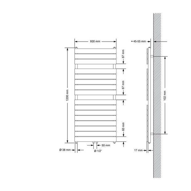 Badkamer radiator middenaansluiting 600x1200 mm wit met muuraansluitset LuxeBath