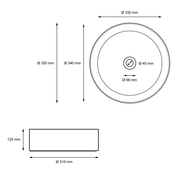 Wastafel rond 405x405x140 mm, wit, keramiek - incl. afvoergarnituur zonder overloop