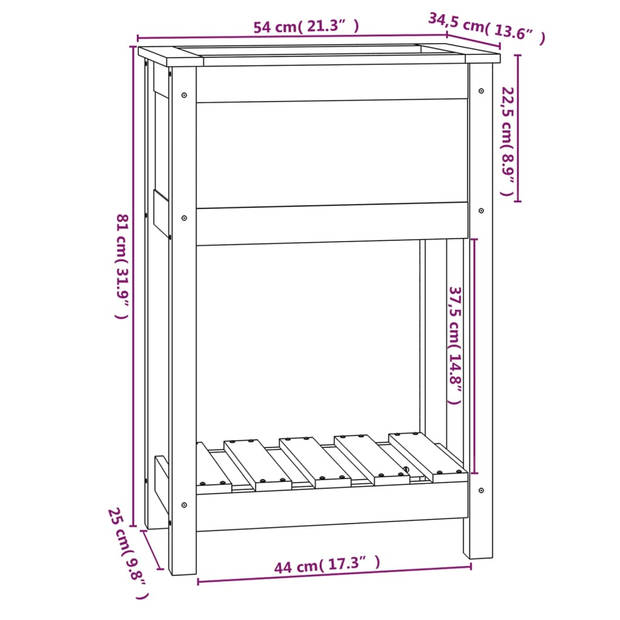 vidaXL Plantenbak met schap 54x34,5x81 cm massief grenenhout grijs