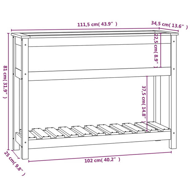 vidaXL Plantenbak met schap 111,5x34,5x81 cm massief grenenhout wit