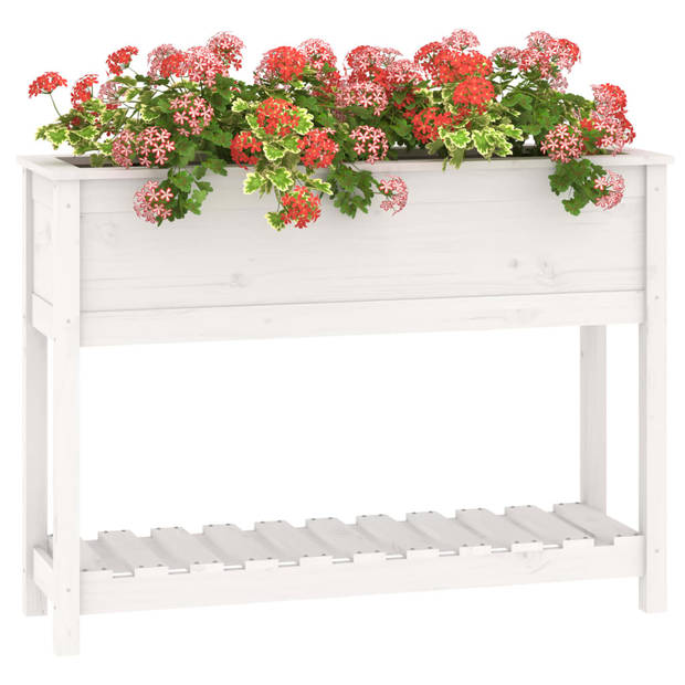 vidaXL Plantenbak met schap 111,5x34,5x81 cm massief grenenhout wit