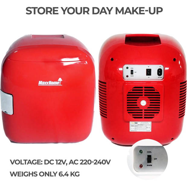 MaxxHome Mini Koelkast - 9 Liter - Make-Up en Beauty Skincare - 100/240V / 12V Auto Stekker (rood)