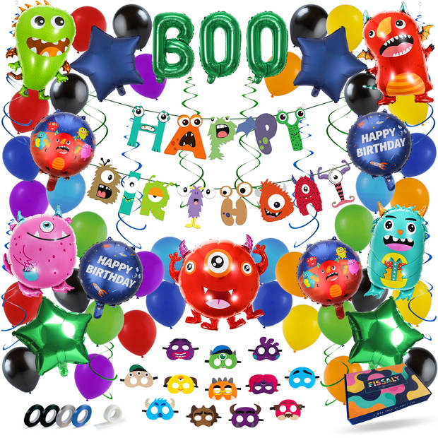 Fissaly® 78 Stuks Monsters Decoratie set Versiering – Thema Feest – Kinderfeest – Incl. Ballonnen, Slingers & Maskers