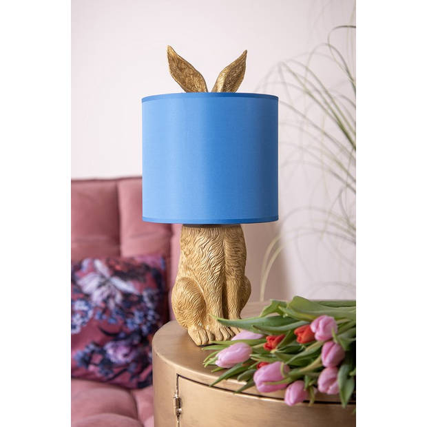 HAES DECO - Tafellamp - City Jungle - Konijn in de Lamp, Ø 20x43 cm - Goud/Blauw - Bureaulamp, Sfeerlamp, Nachtlampje