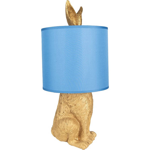 HAES DECO - Tafellamp - City Jungle - Konijn in de Lamp, Ø 20x43 cm - Goud/Blauw - Bureaulamp, Sfeerlamp, Nachtlampje