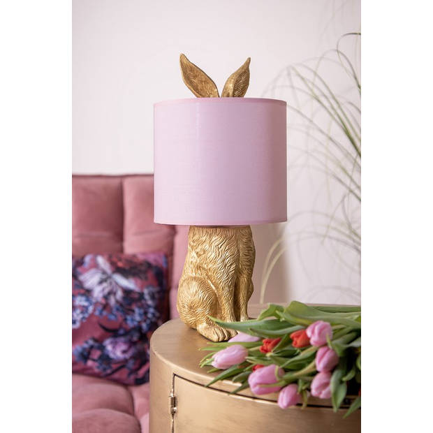 HAES DECO - Tafellamp - City Jungle - Konijn in de Lamp, Ø 20x43 cm - Goud/Roze - Bureaulamp, Sfeerlamp, Nachtlampje