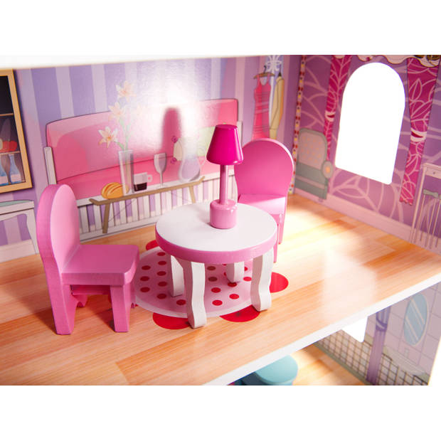 Zeer luxe grote houten poppenhuis/ speelhuis met meubels met LED verlichting 70 cm roze