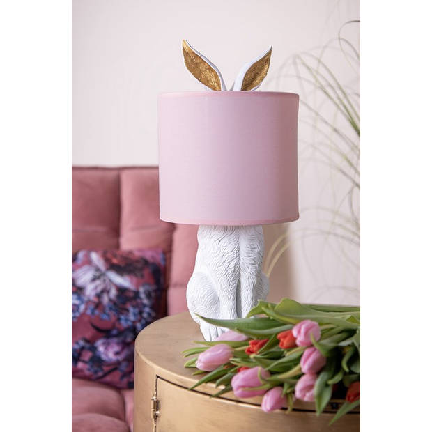 HAES DECO - Tafellamp - City Jungle - Konijn in de Lamp, Ø 20x43 cm - Wit/Roze - Bureaulamp, Sfeerlamp, Nachtlampje