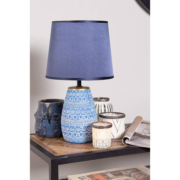 HAES DECO - Tafellamp - Modern Chic - Stijlvolle Lamp, Ø 20x35 cm - Blauw/Wit - Bureaulamp, Sfeerlamp, Nachtlampje