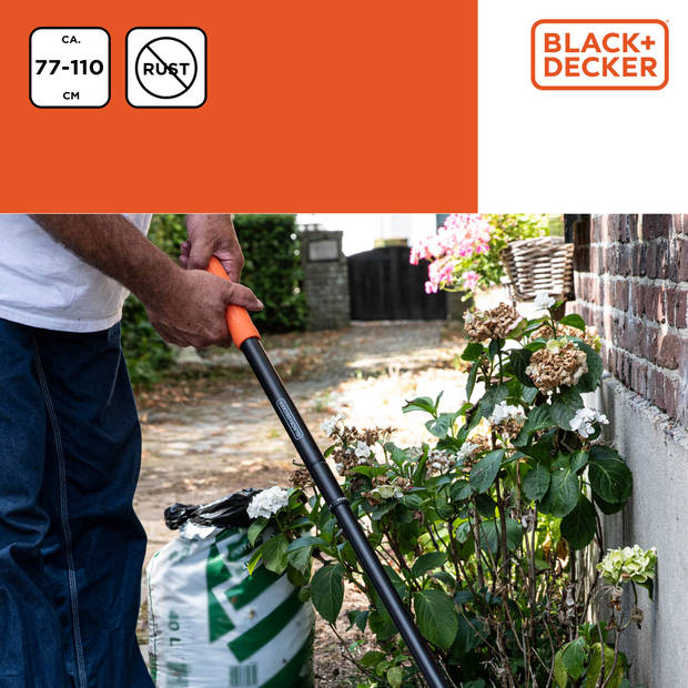BLACK+DECKER Bladhark BXGTTO7050 - Verstelbaar van 77 tot 110 CM - Tuinhark - Zwart/Oranje