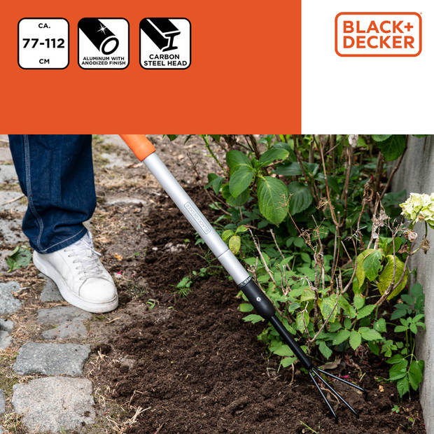 BLACK+DECKER Cultivator - Telescopische Steel 77 - 112 CM - 3 Tanden - Aluminium/ Koolstofstaal