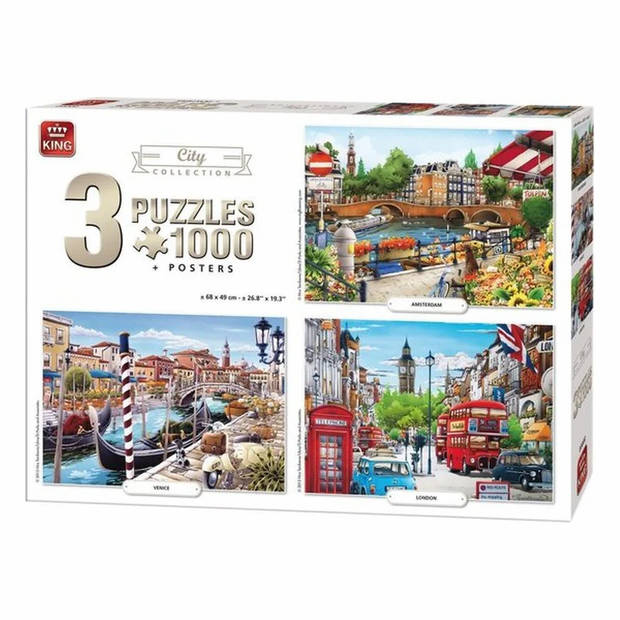 King Illustrated City Puzzels – 3 x 1000 stukjes – Set van 3 Puzzels