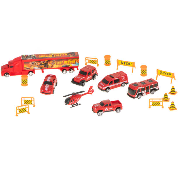 20 delige Brandweer truck vrachtwagen met auto opberger en launcher 57cm rood