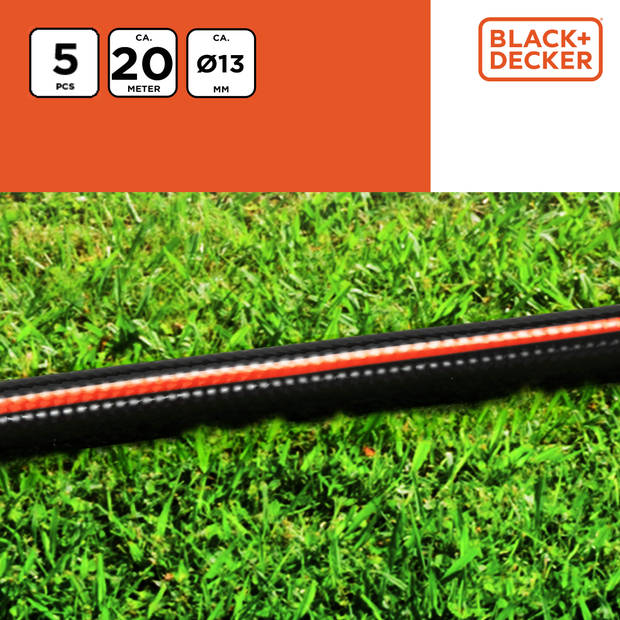 BLACK+DECKER Tuinslang met Koppelingen - Tuinslang Koppelingen Set 5 Stuks - 20 Meter - Zwart/Oranje