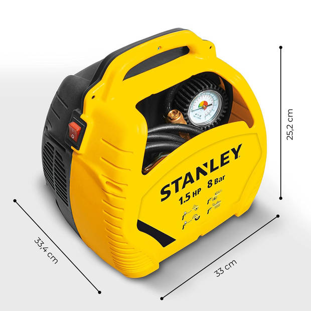 Stanley Compressor 8Bar - Luchtcompressor Olievrij met Luchtgereedschap - Compressoren Set Incl. Luchtslang 3M