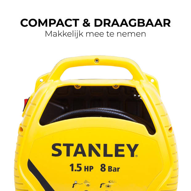 Stanley Compressor 8Bar - Luchtcompressor Olievrij met Luchtgereedschap - Compressoren Set Incl. Luchtslang 3M