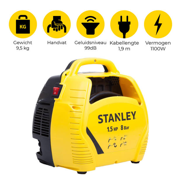 Stanley Compressor 8Bar - Luchtcompressor Olievrij met Luchtgereedschap - Compressoren Set Incl. Luchtslang 3M